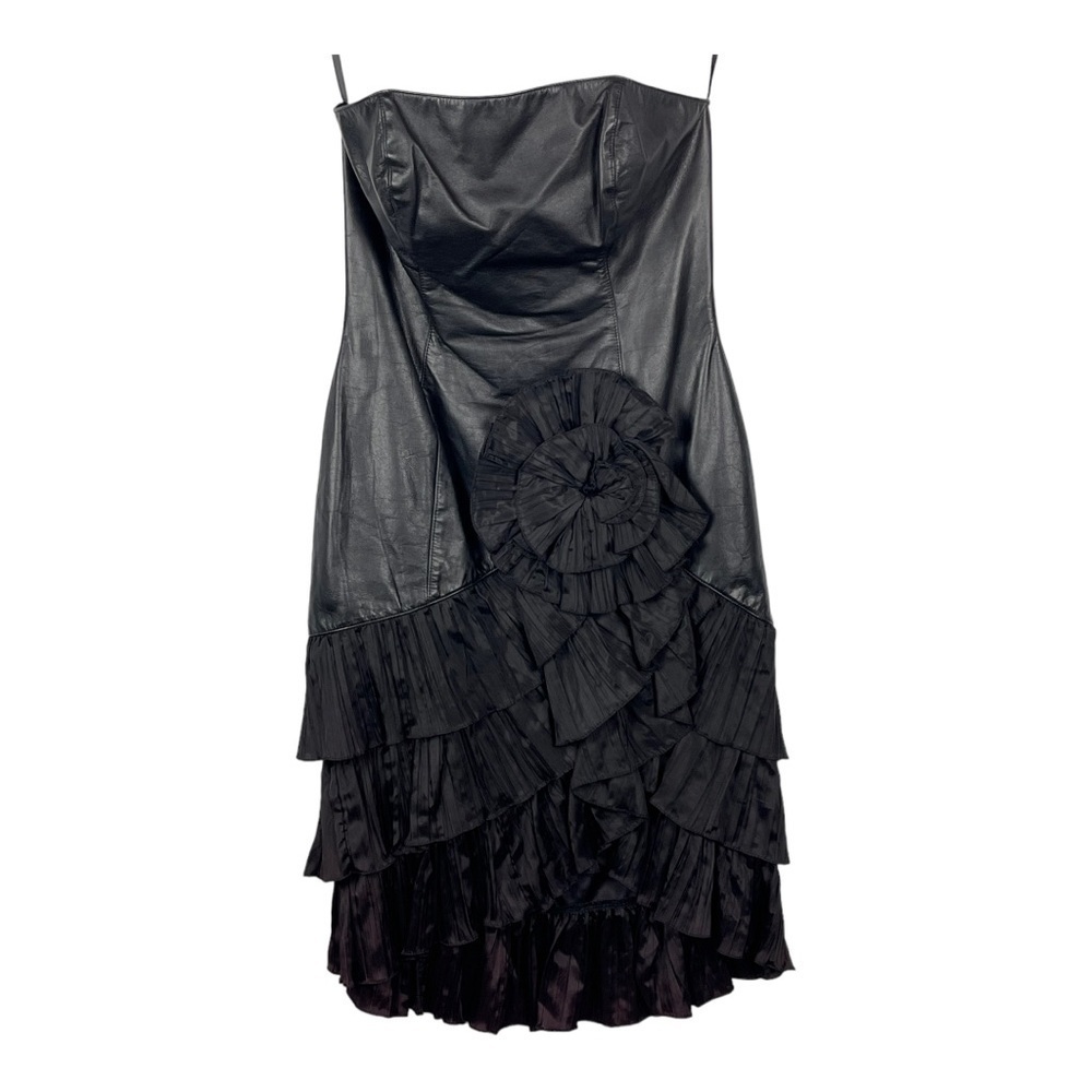 VINTAGE 80S SAMIR ANTONIO RUSPOLI LEATHER STRAPLESS RUFFLE PARTY COCKTAIL DRESS - Picture 3 of 12